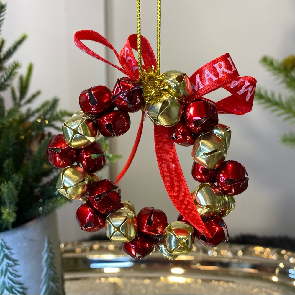 Festive Red and Gold Jingle Bell Wreath Ornament